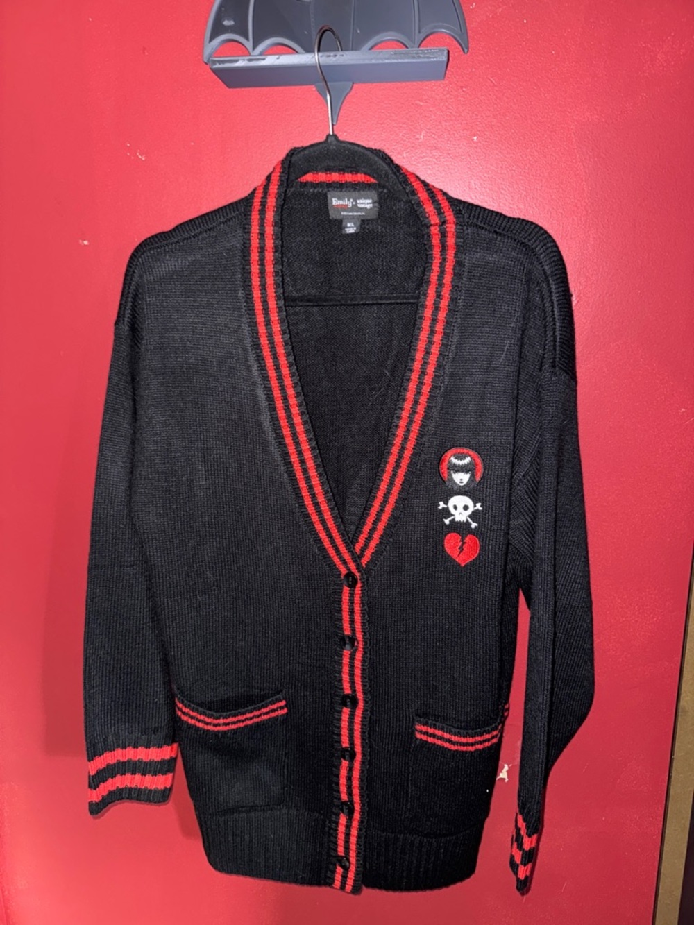Emily The Strange- Unique Vintage Black Cardigan with Red Trim and Gothic Patch